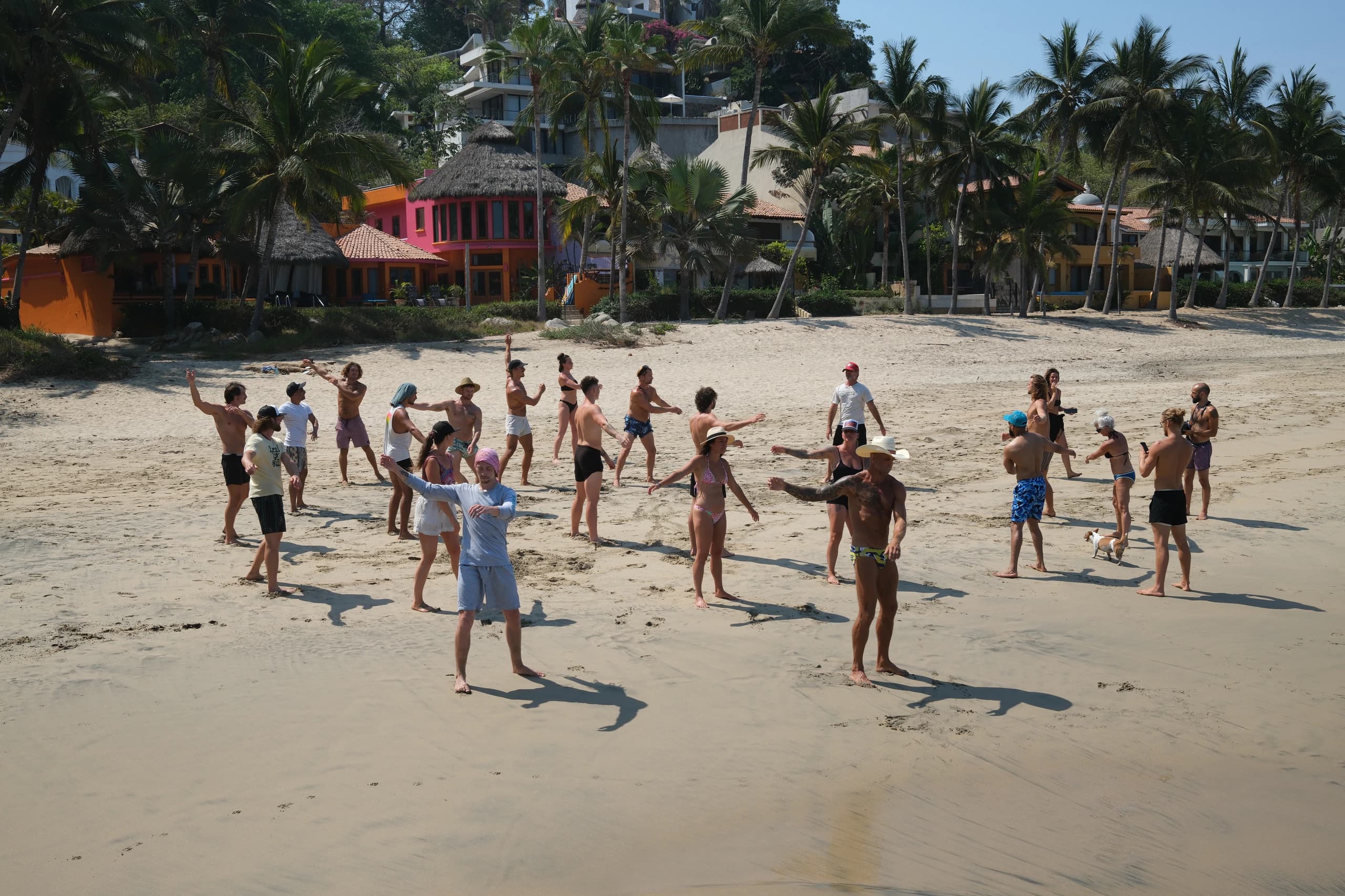 Bioculture retreat guests practicing guided movement together on the beach