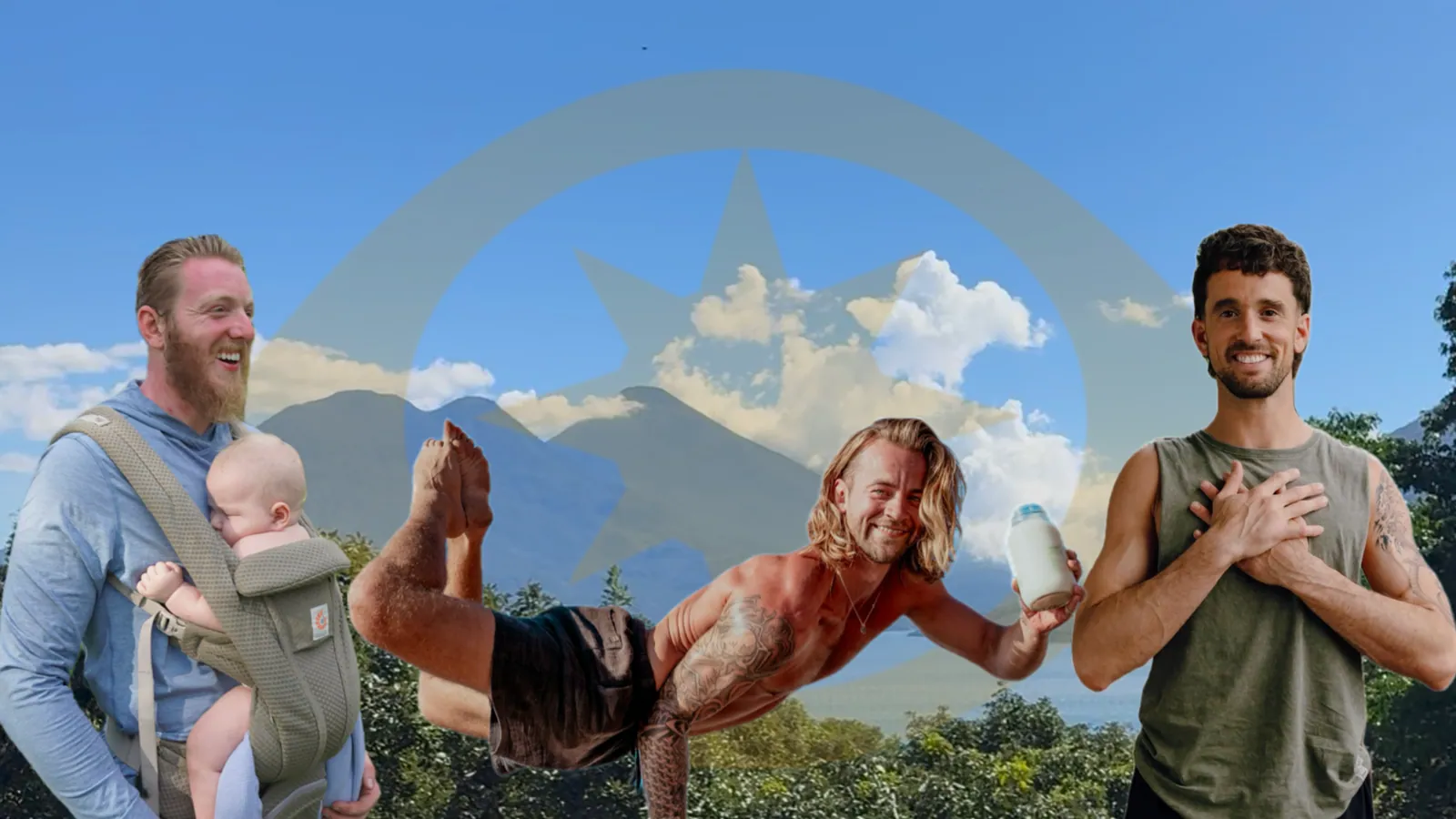 Dylan Beck holding his baby, Dakota Mays in a handstand, and Evan Montgomery with his hand on his heart, against a volcano sky