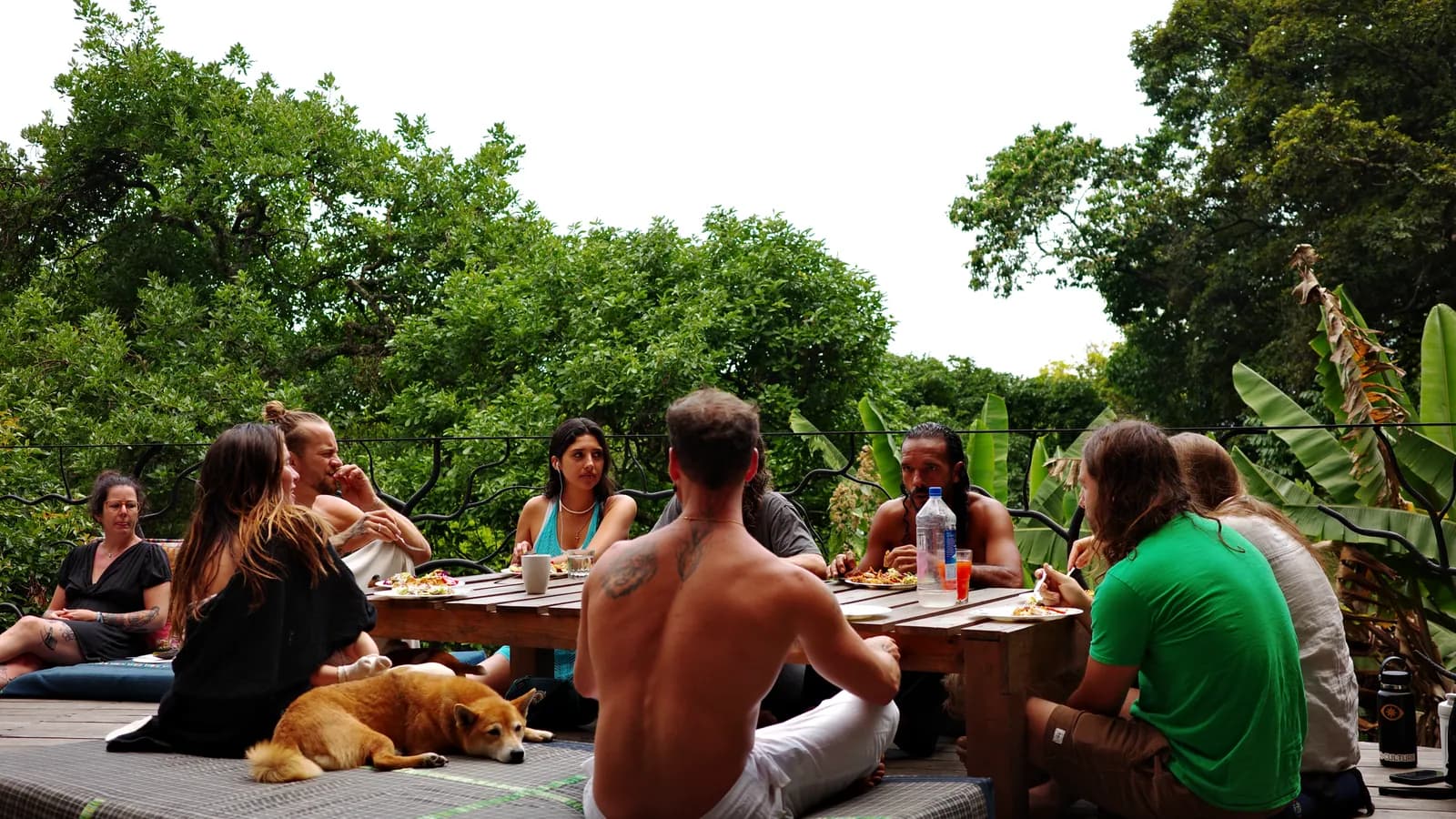 Guests sharing a meal at a long outdoor table