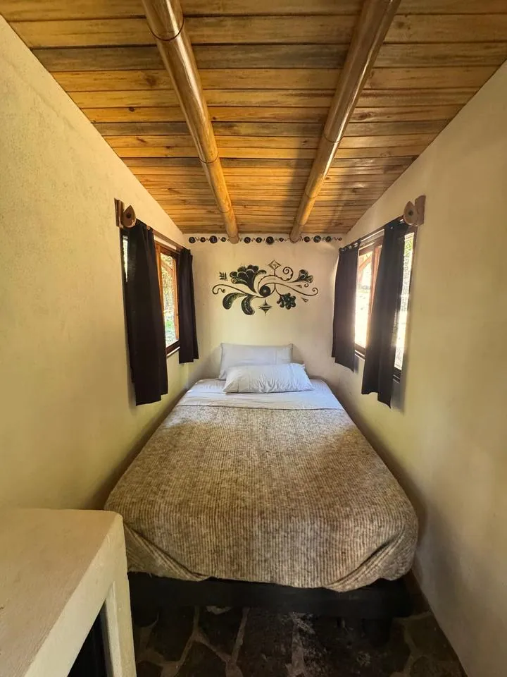 A cabin bed with a floral mural above it and dark curtains on both windows