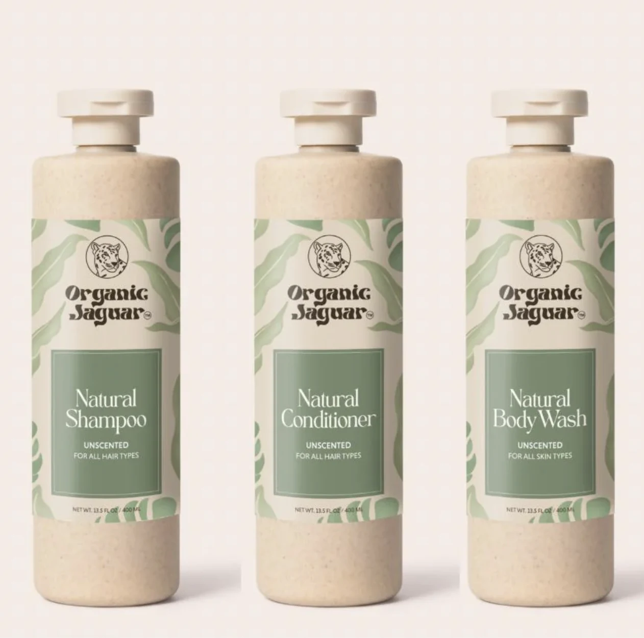 Three Organic Jaguar skincare bottles on a pale background