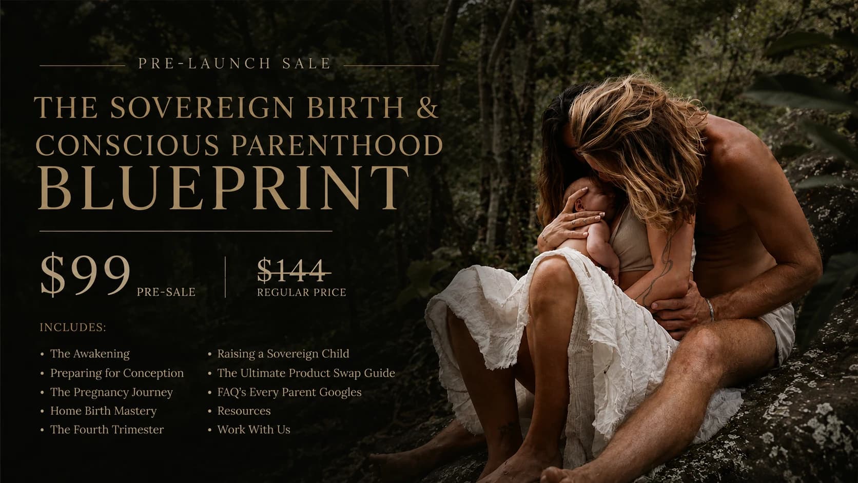 Sovereign Birth and Conscious Parenthood Blueprint artwork with parents and baby beside coastal rocks